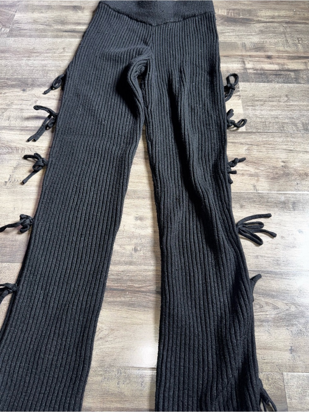 Maniere De Voir Ribbed Knit Lace-Up Side-Tie Flare Pants Black Sz S Coquette - Picture 4 of 13